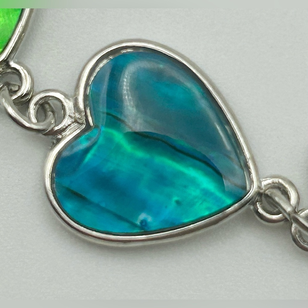 Multicolor Heart Link Silver Tone Bracelet with Abalone Inlay - Picture 6 of 13
